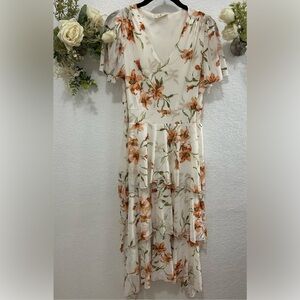 SHEIN Floral High Low Dress in Orange and Cream